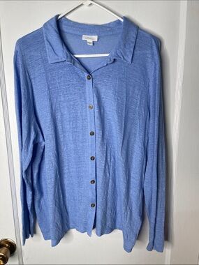 J Jill Linen Top XL Blue Button Front Long Sleeve Tee Stretch Ladies Comfy